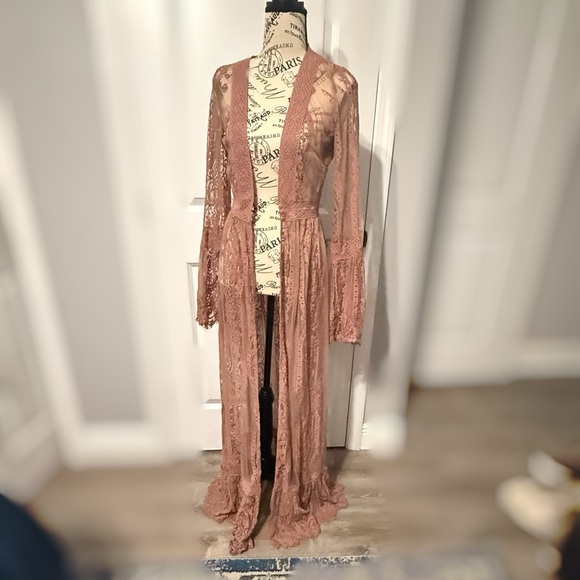 Blush Pink Lace Duster | Floor-Length Boho Kimono | Romantic Festival Chic - Picture 8 of 12